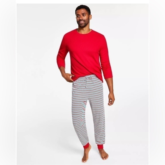 Matching Mens Thermal Waffle Holiday Stripe Mix It Pajama Set stripe br - Picture 1 of 14